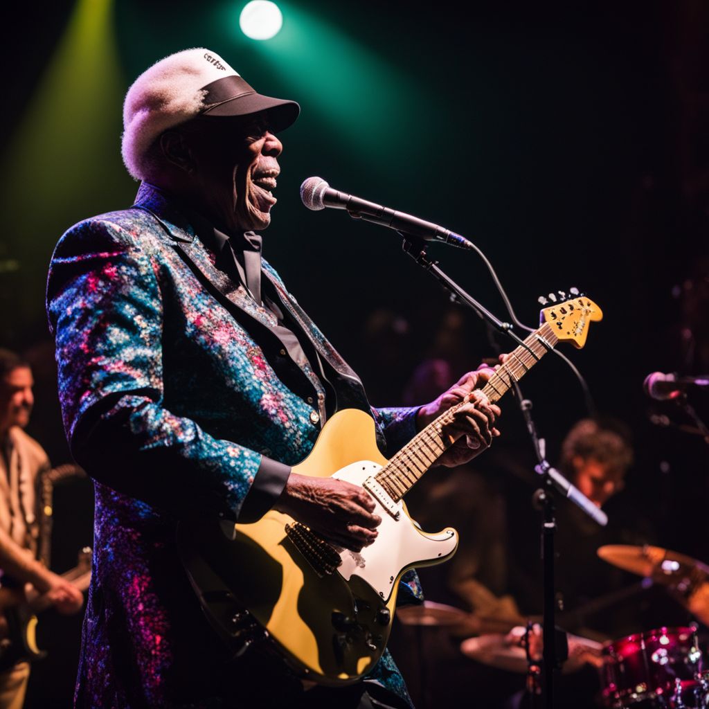 Buddy Guy electrifies the crowd with his guitar skills on stage.