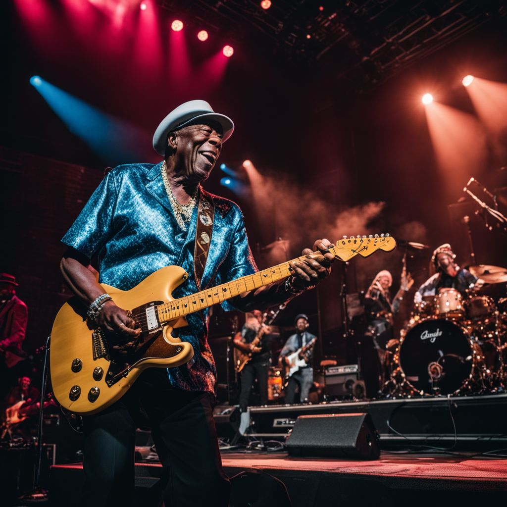 Buddy Guy performing live at a packed concert venue.
