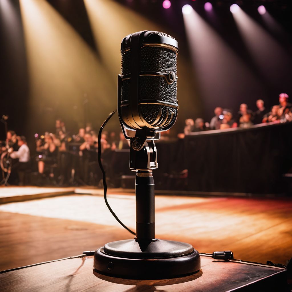 A vintage microphone on an empty stage with spotlights.