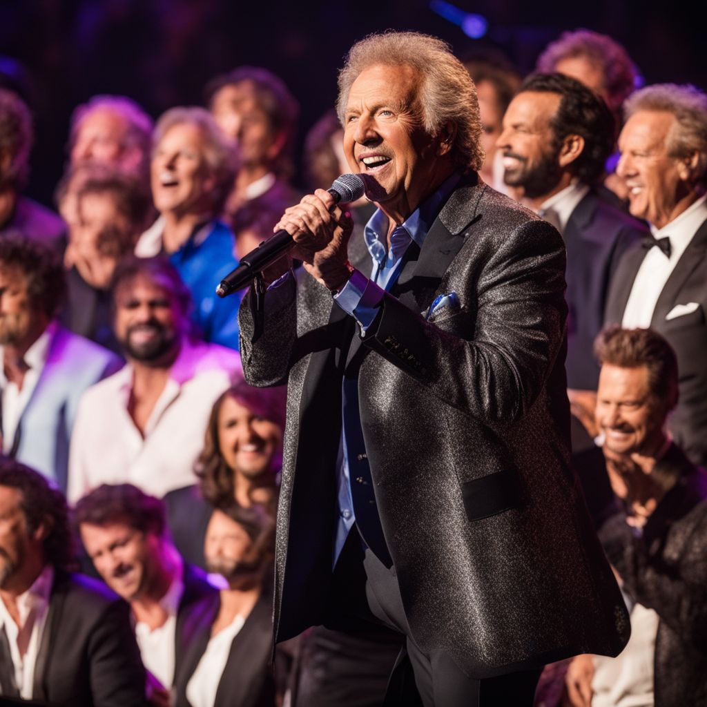 Bill Gaither leading the Gaither Vocal Band in a powerful stage performance.
