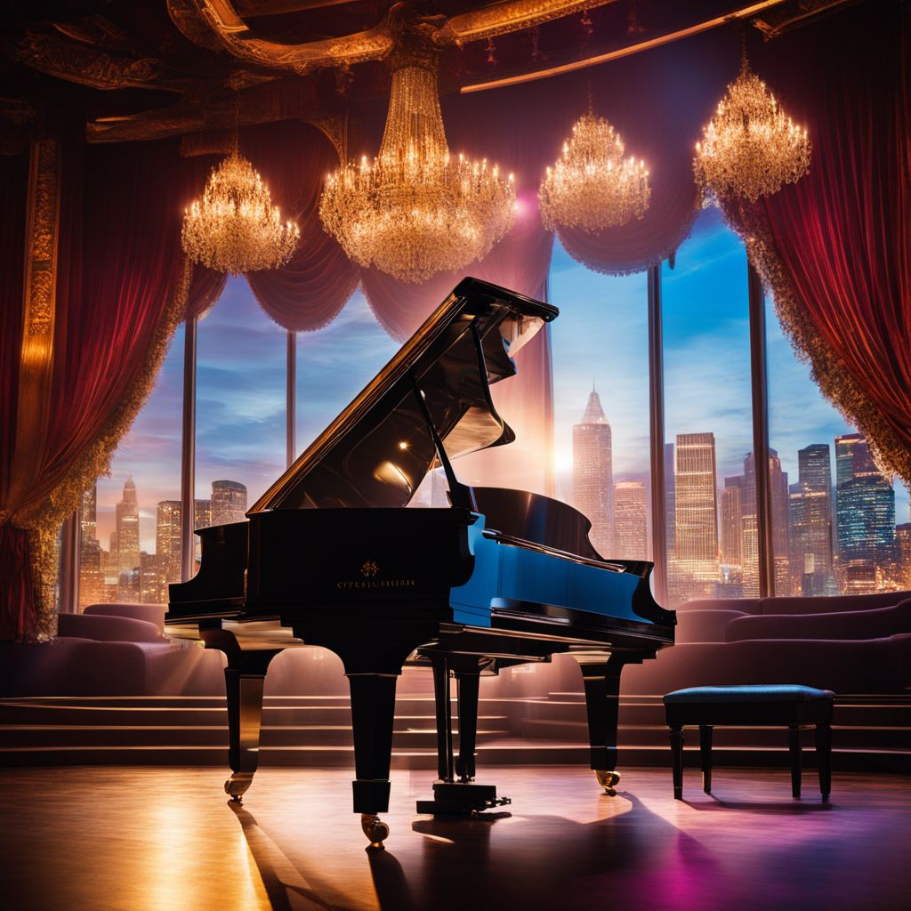 A grand piano on a stage with diverse audience and cityscape.