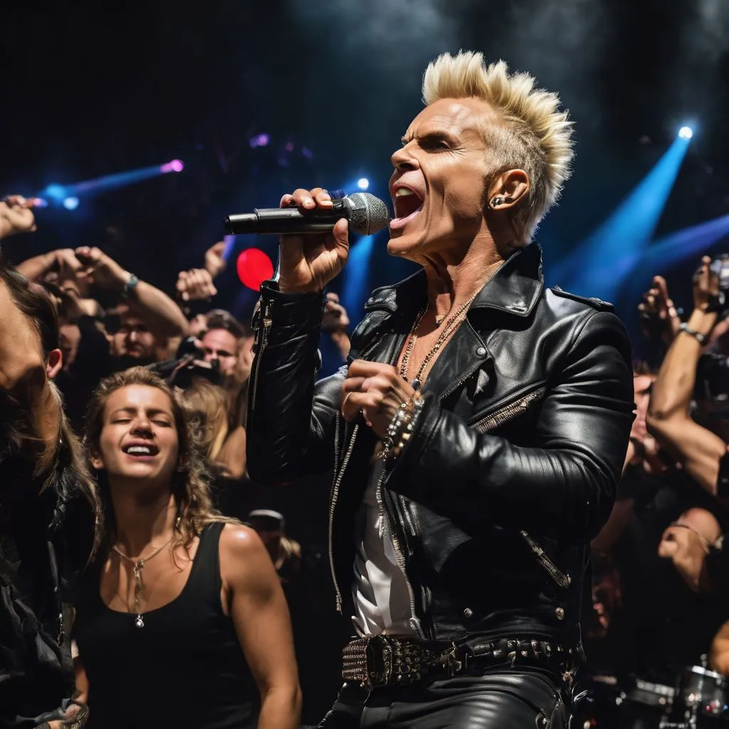 Billy Idol performing on stage with adoring fans in the crowd.