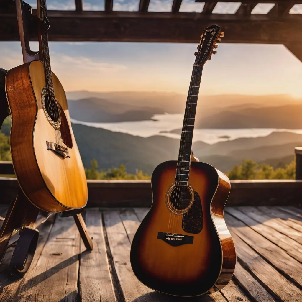 A vintage acoustic guitar on a weathered wooden stage with various people.