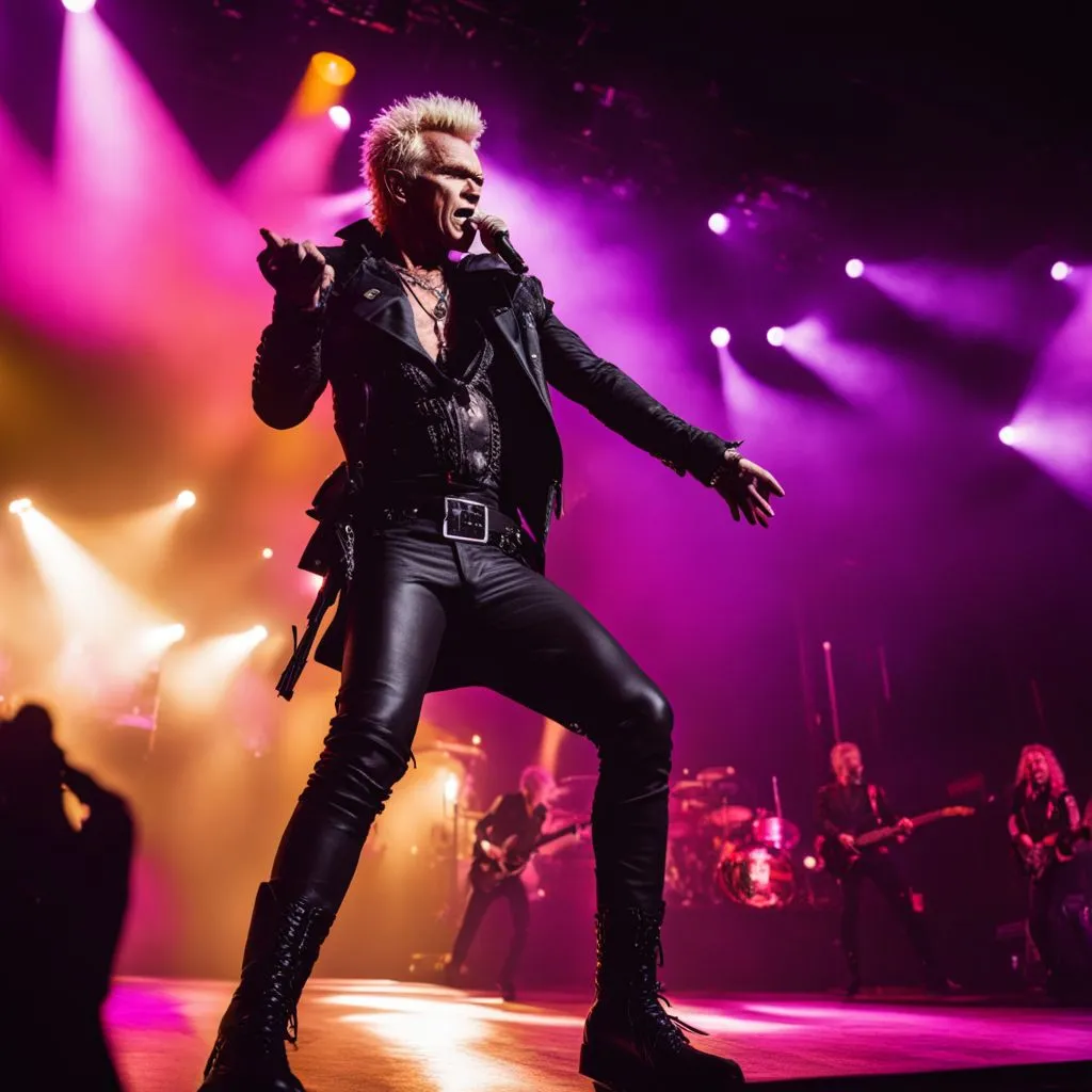 Billy Idol performing on stage to a packed and enthusiastic crowd.