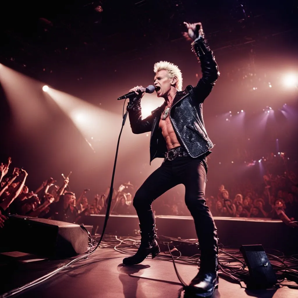 Billy Idol rocking out on stage with cheering fans and bright lights.
