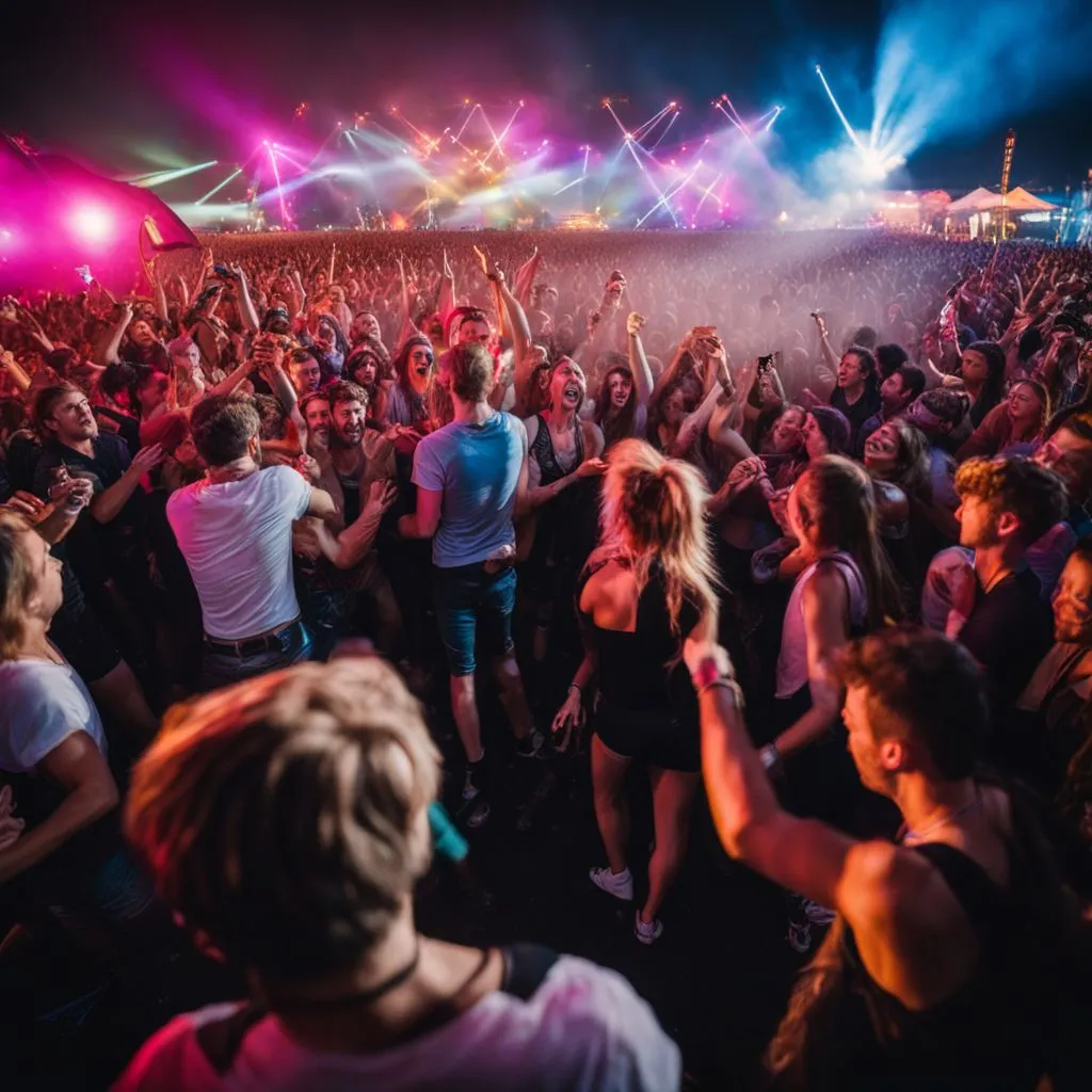 A lively crowd dancing at a music festival captured in a photo.