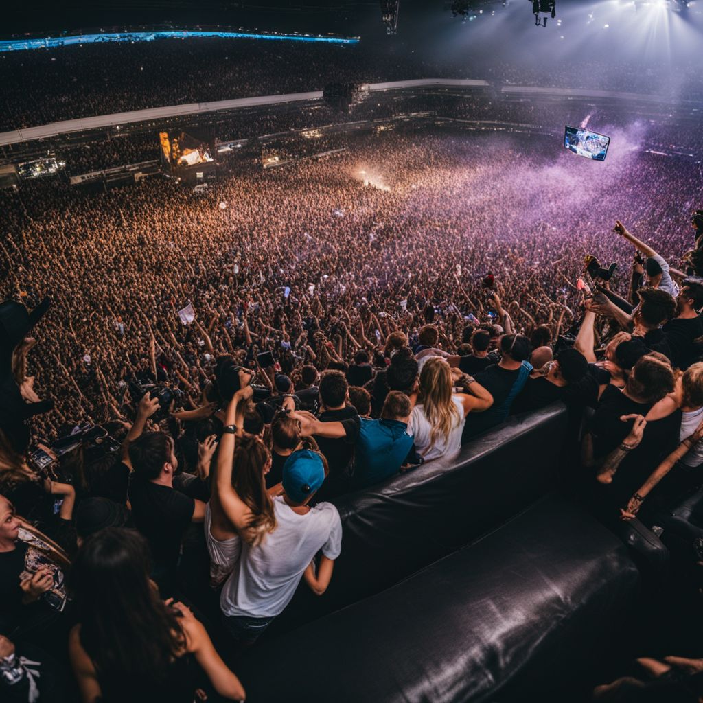 A lively crowd enjoying a Blink 182 concert with the band performing on stage.