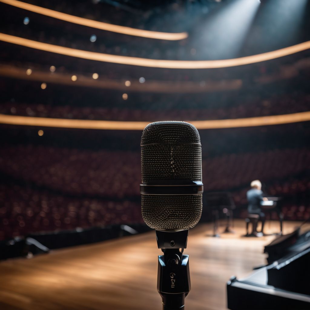 A solitary microphone stand center stage in a dark concert hall.