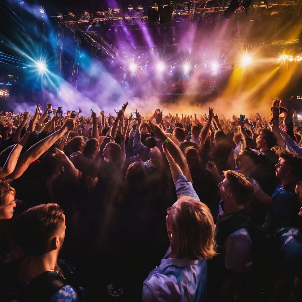 A crowd of excited fans at a concert, waving their hands.