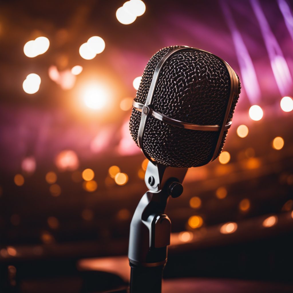 A vintage microphone on a grand stage with diverse audience.