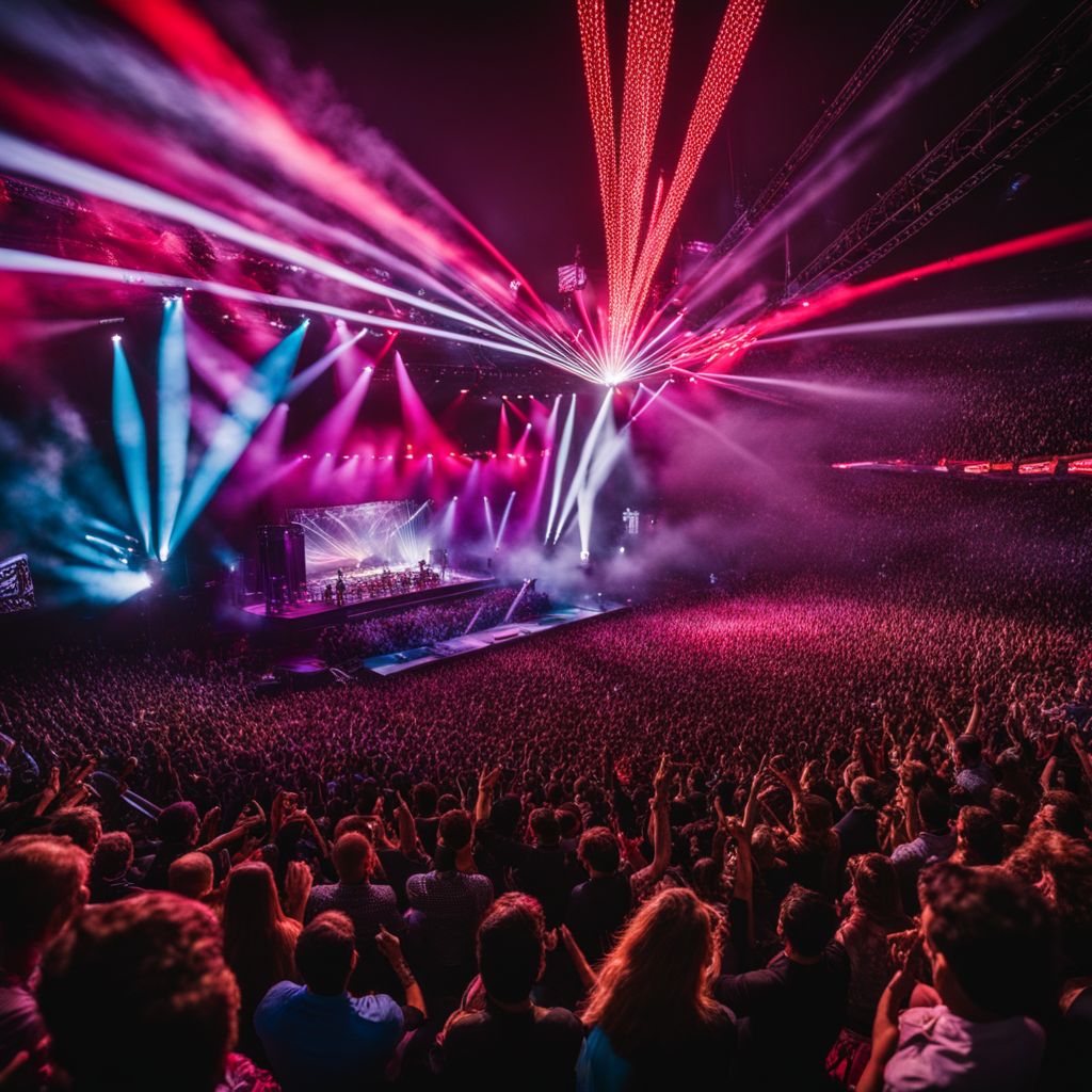 A lively crowd cheers at a Barry Manilow concert.