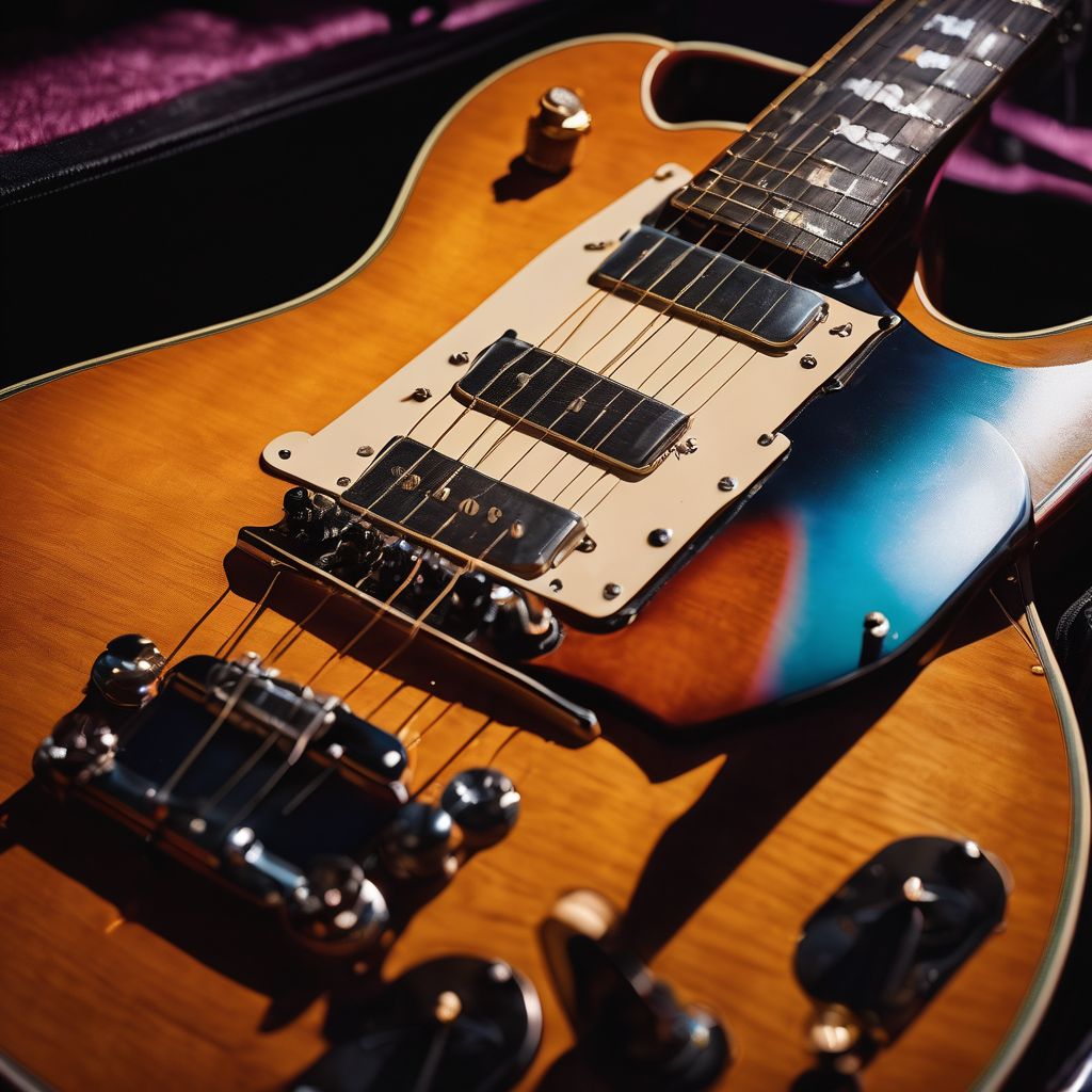 A vintage guitar illuminated by colorful stage lights in a bustling atmosphere.