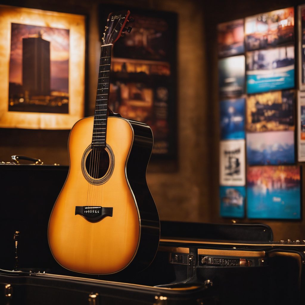A hazy silhouette of an acoustic guitar against vintage concert posters.