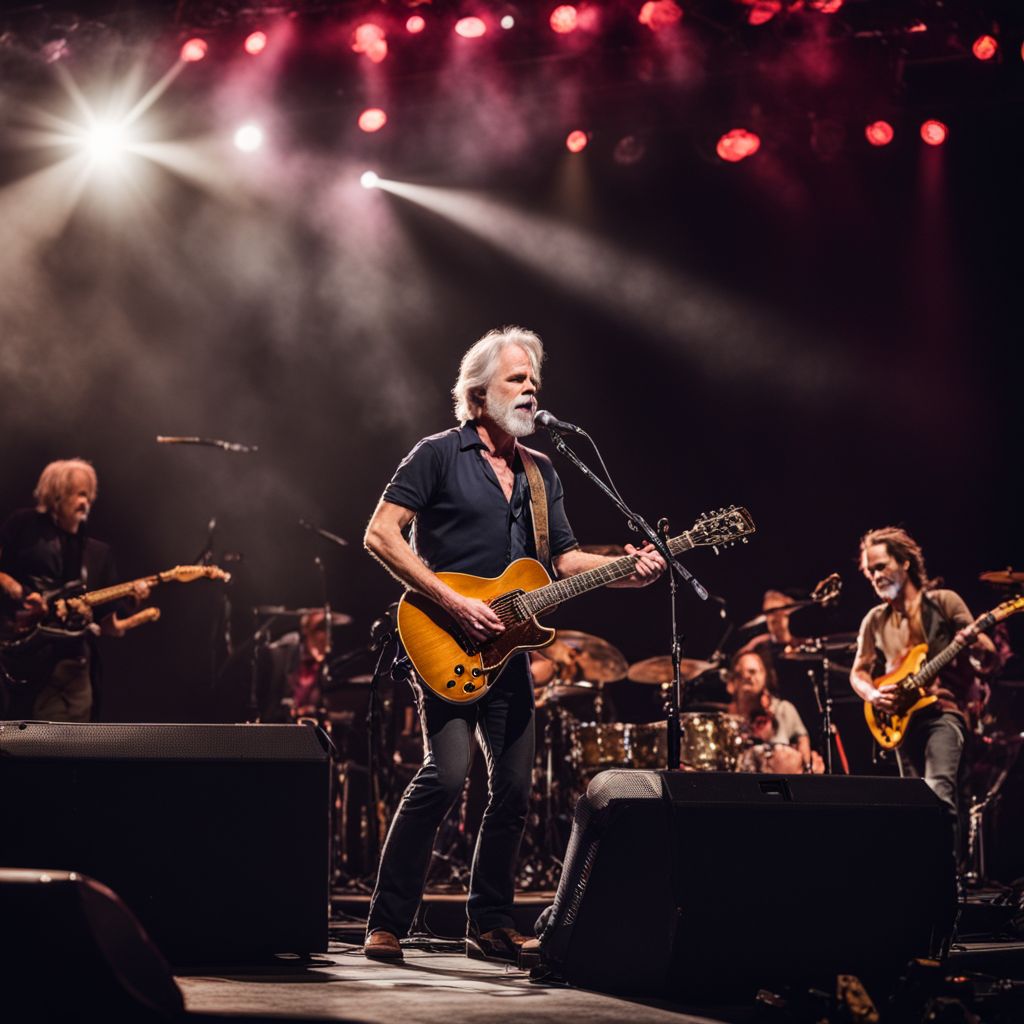 Bob Weir performing on stage in front of a lively crowd.