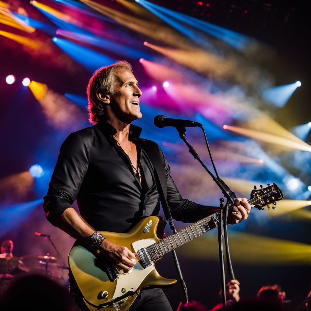 Michael Bolton performing at a sold-out amphitheater with a colorful stage backdrop.