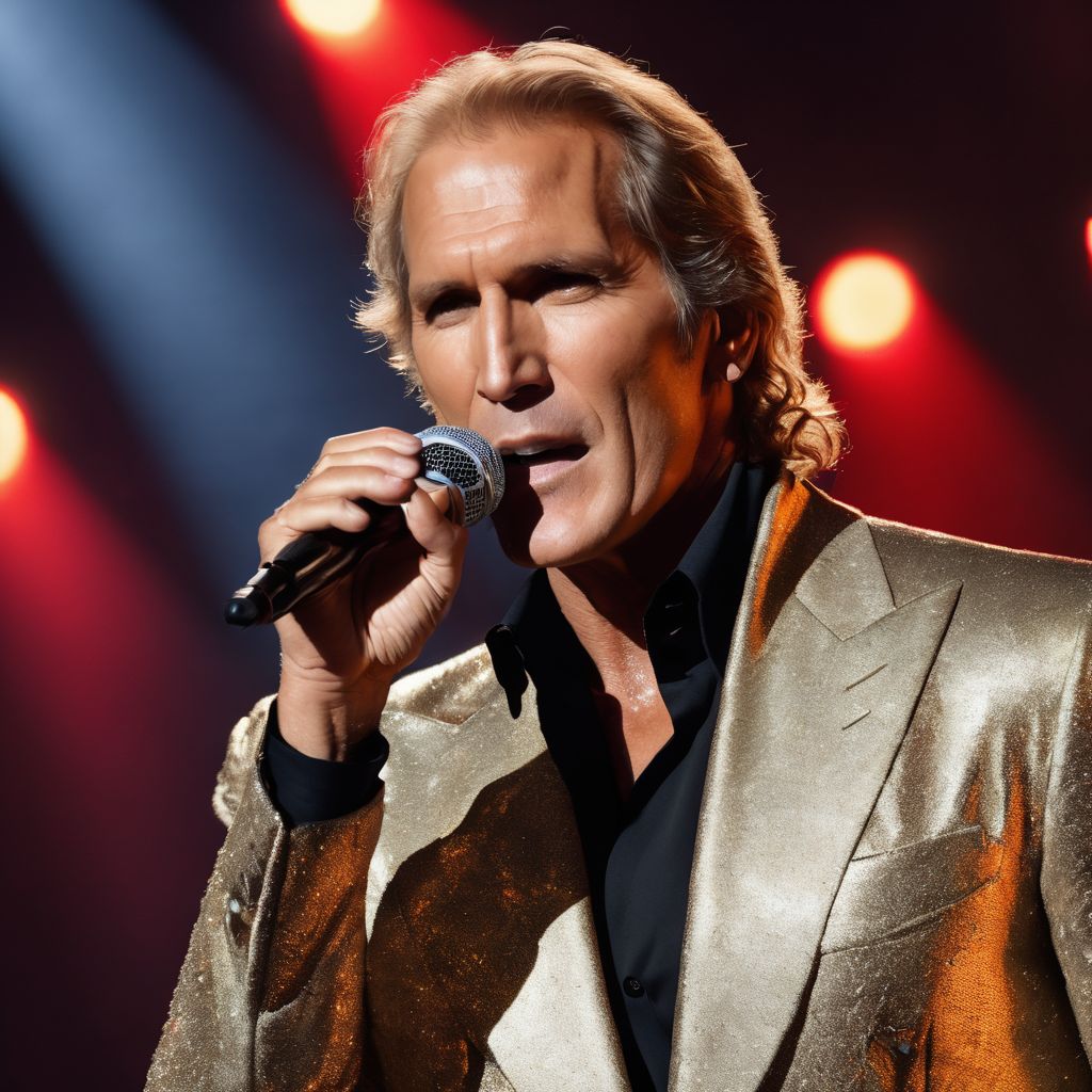 Michael Bolton passionately performing on stage with various outfits and hairstyles.