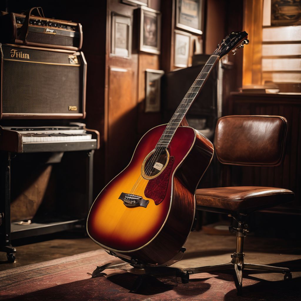 A vintage guitar resting on a worn leather chair in a backstage area.