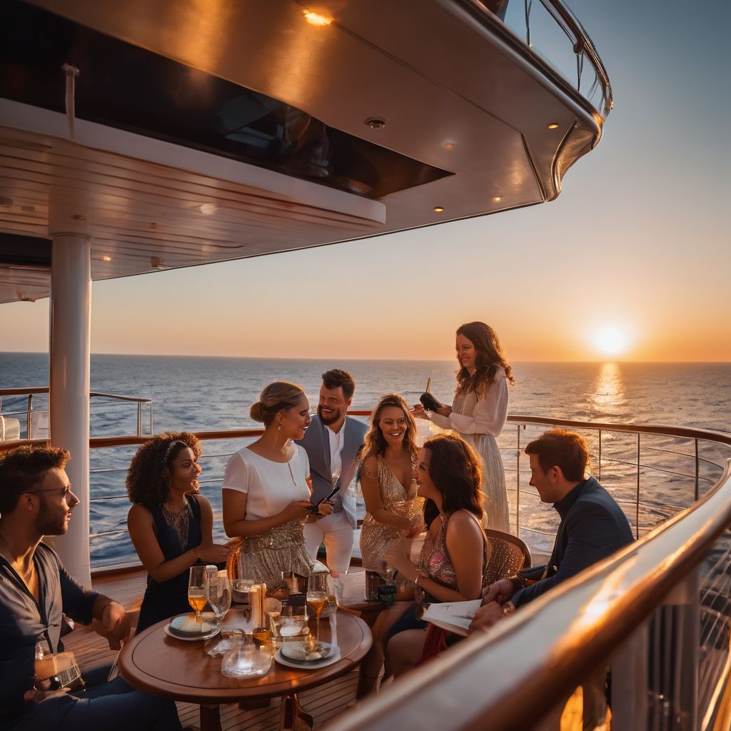 A group of music enthusiasts enjoying sunset on a luxury cruise ship.