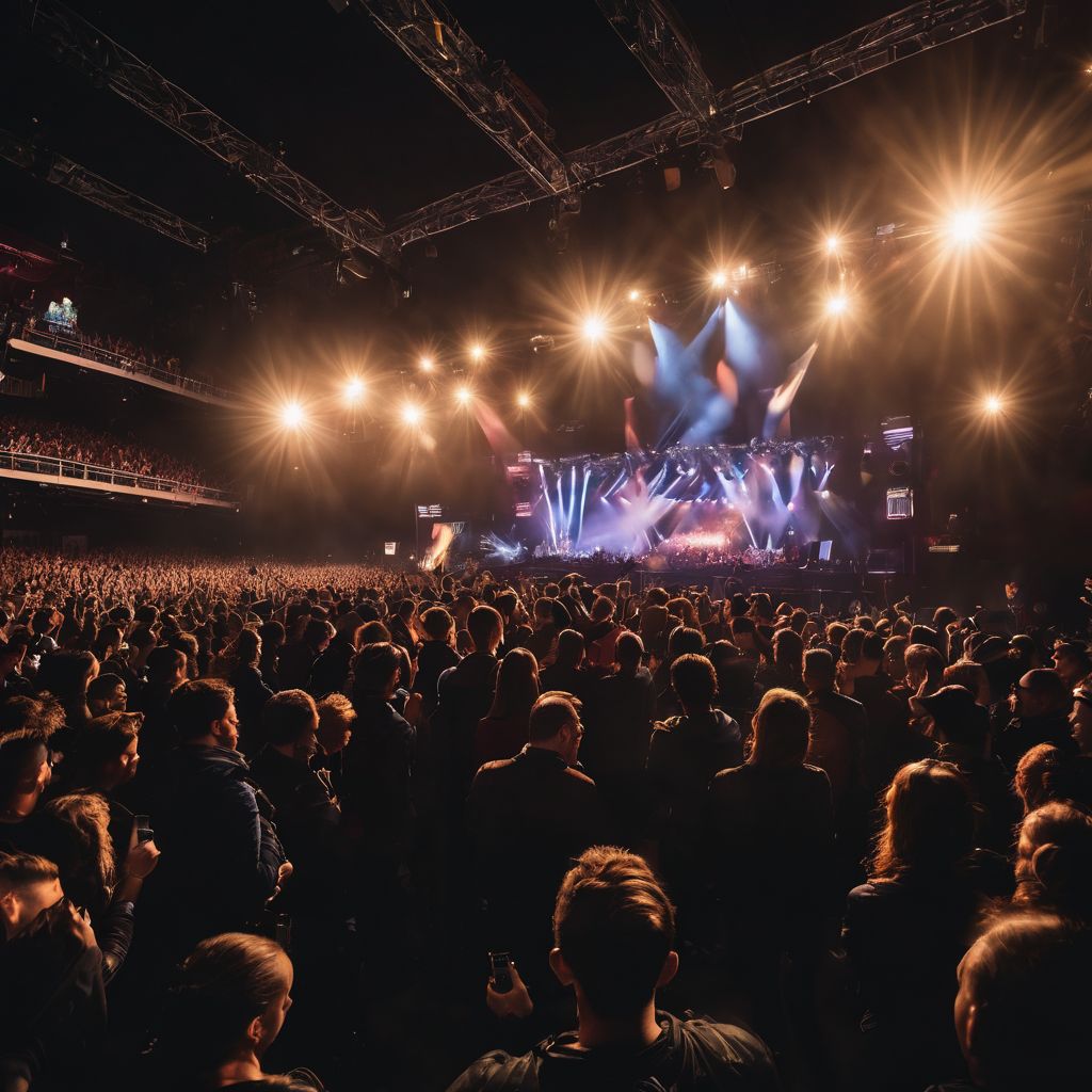 A vibrant concert stage with a lively crowd and cityscape backdrop.