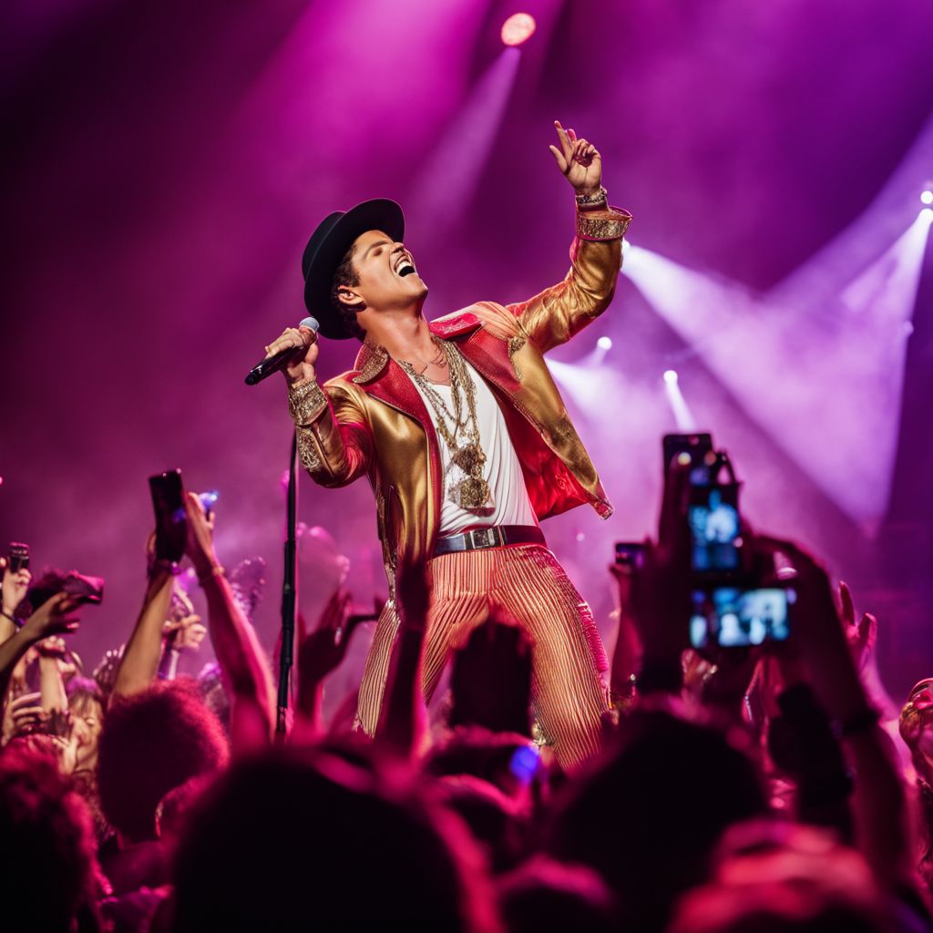 Bruno Mars performing on stage with a lively crowd.
