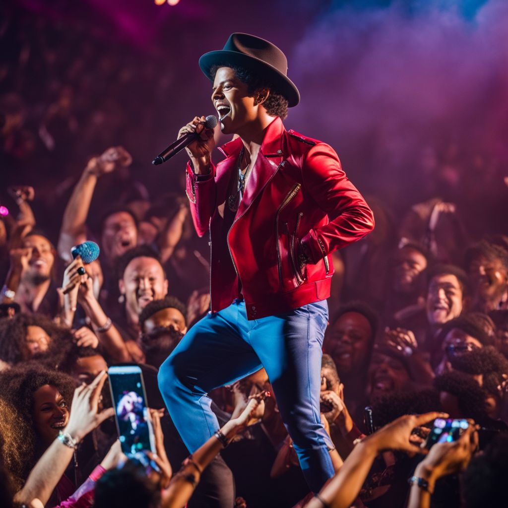 Bruno Mars performing live surrounded by enthusiastic fans at a concert.
