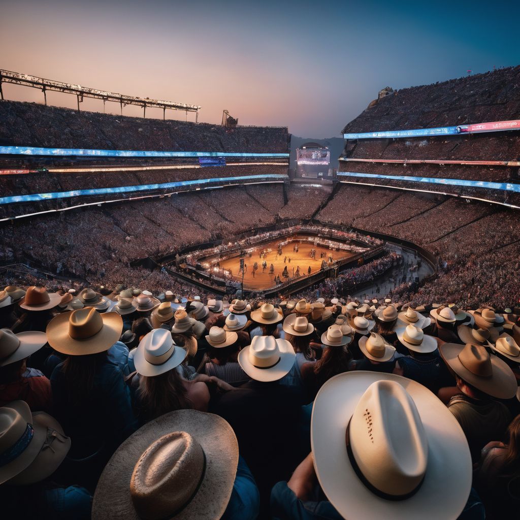 A crowd of enthusiastic fans waving cowboy hats in a bustling arena.
