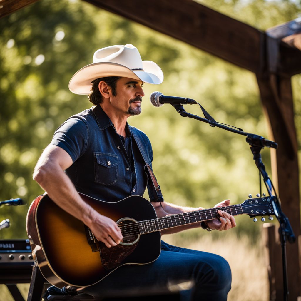 Brad Paisley performing on a rustic stage in a rural setting.