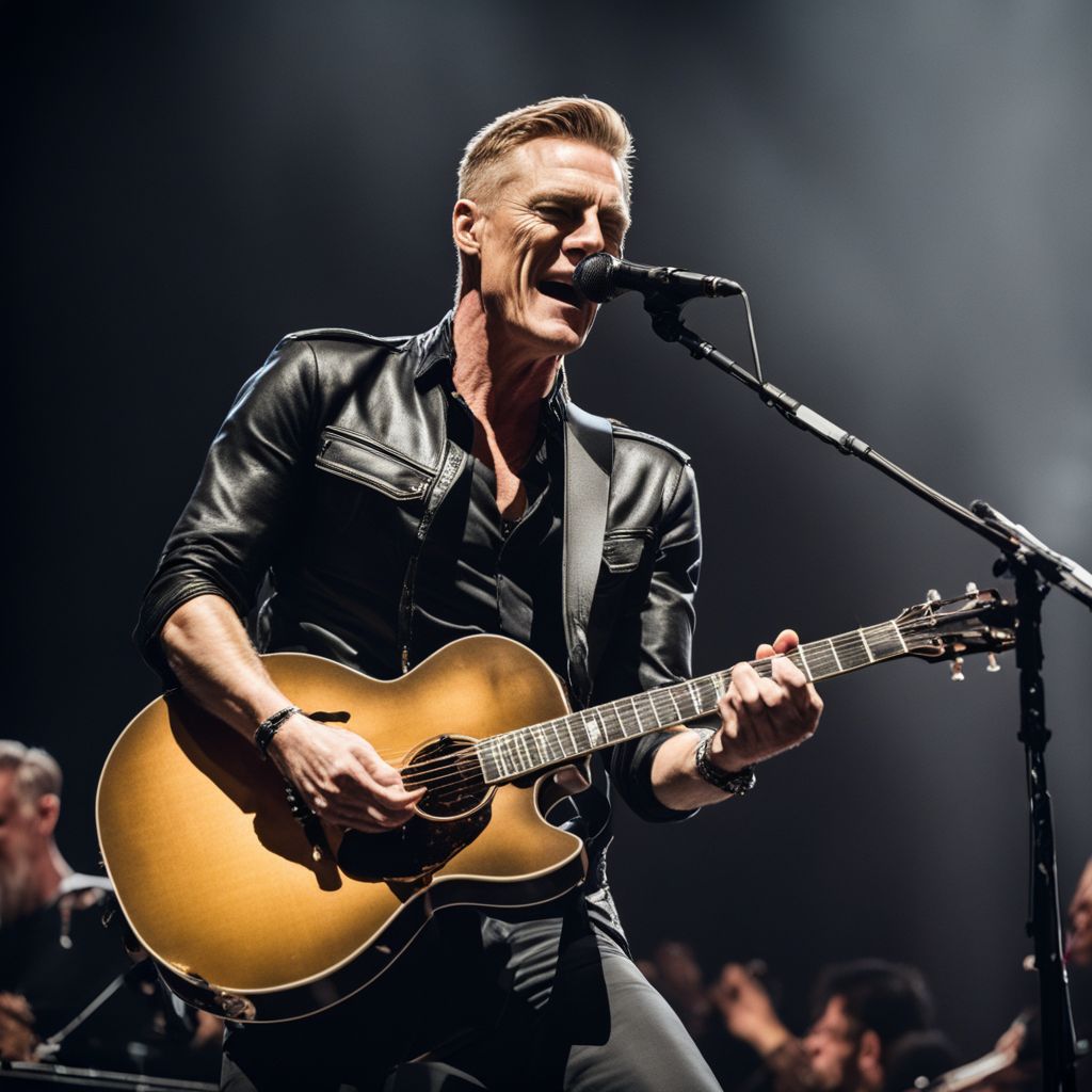 Bryan Adams performing on stage with cheering fans in lively concert.