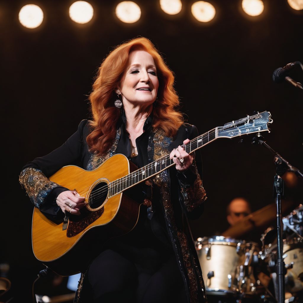 A captivating live performance by Bonnie Raitt with varied cityscapes in the background.