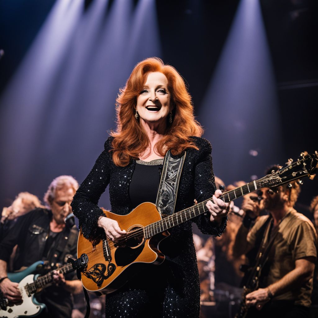 Bonnie Raitt performing live on stage with cheering crowd.