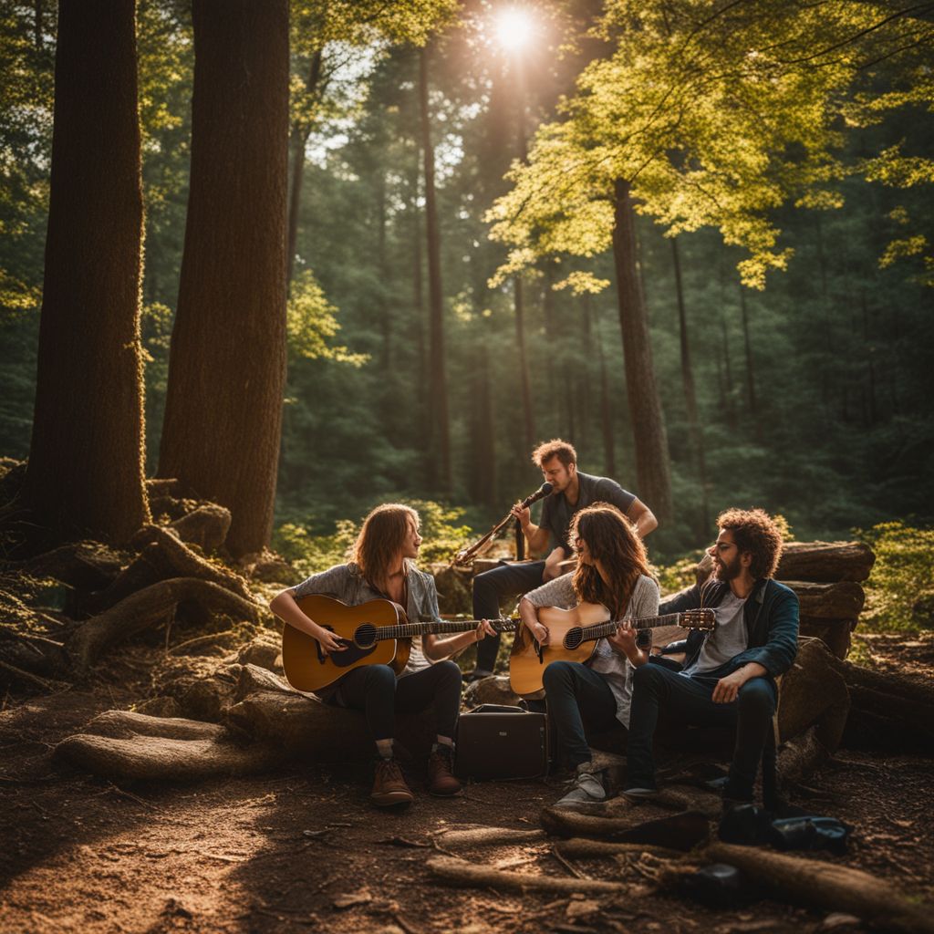 A musician performs in a secluded wooded area with microphone and guitar.