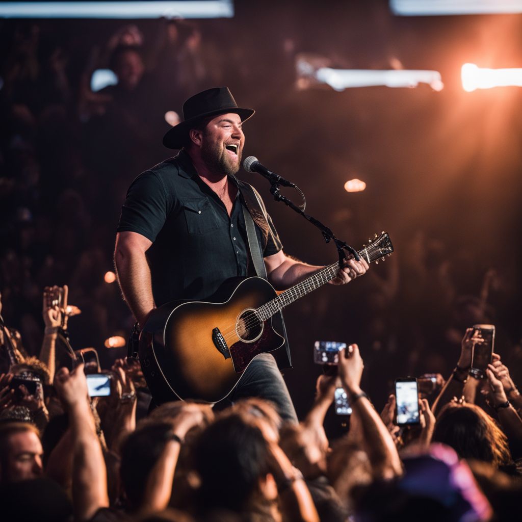 Lee Brice performs on stage while surrounded by a cheering crowd.