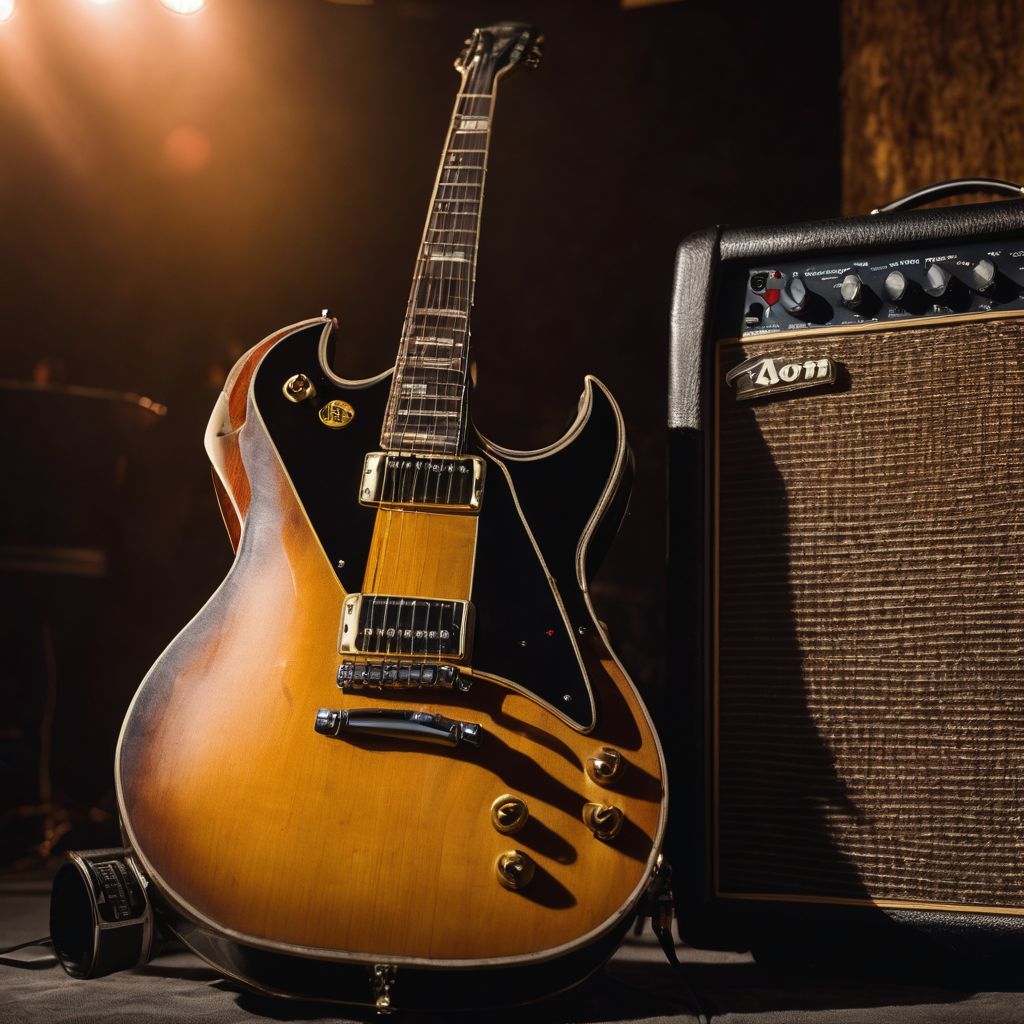 A guitar resting on a vintage amplifier in a backstage area.