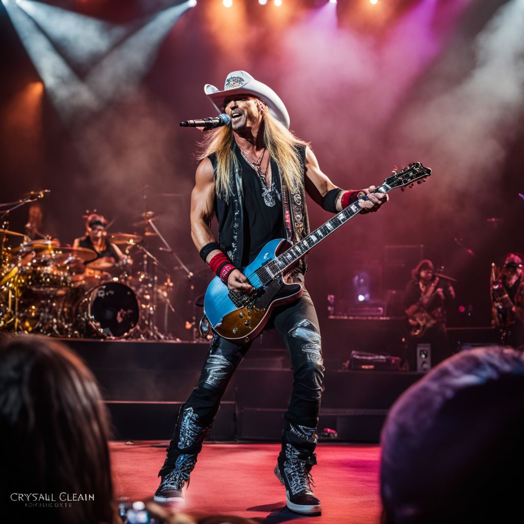 Bret Michaels performing on stage in a packed arena.
