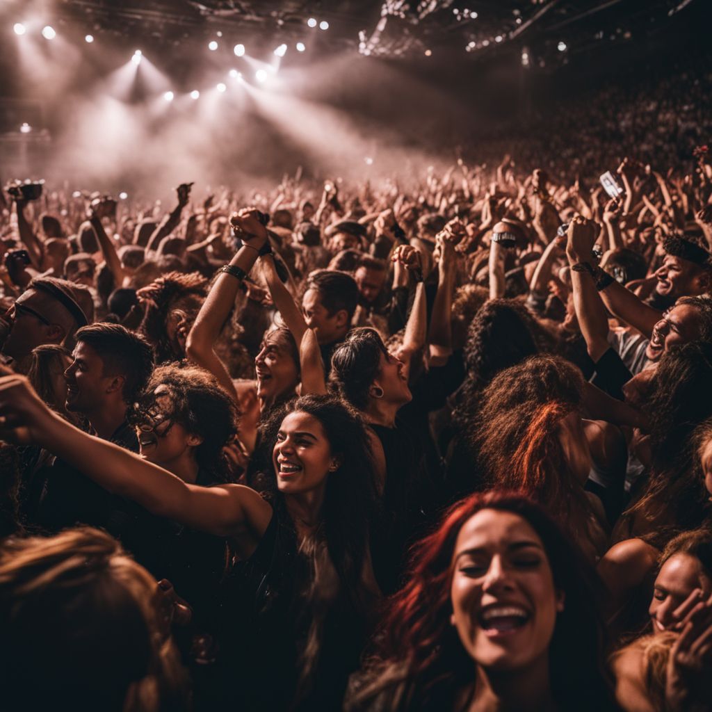 A lively crowd cheers at a packed rock concert arena.