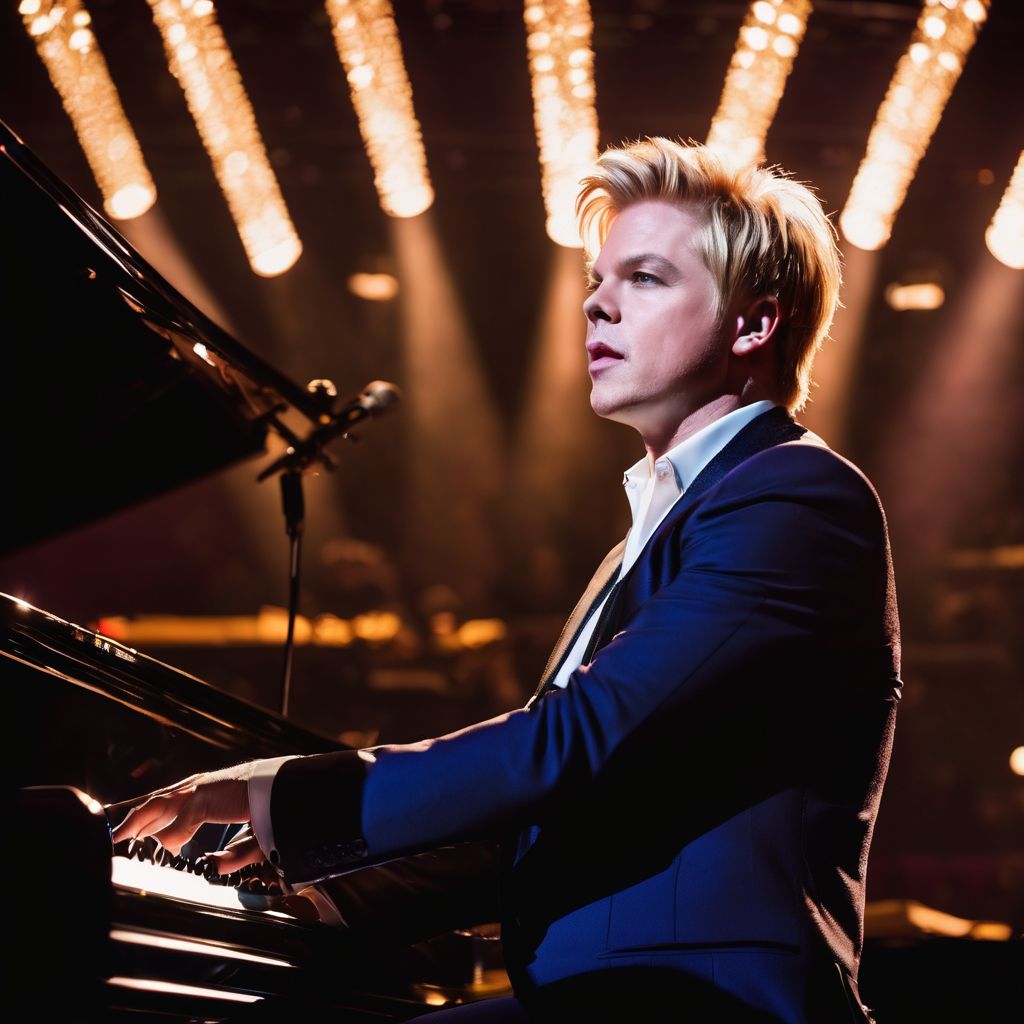 Brian Culbertson performing at the grand piano under a symphony of lights.