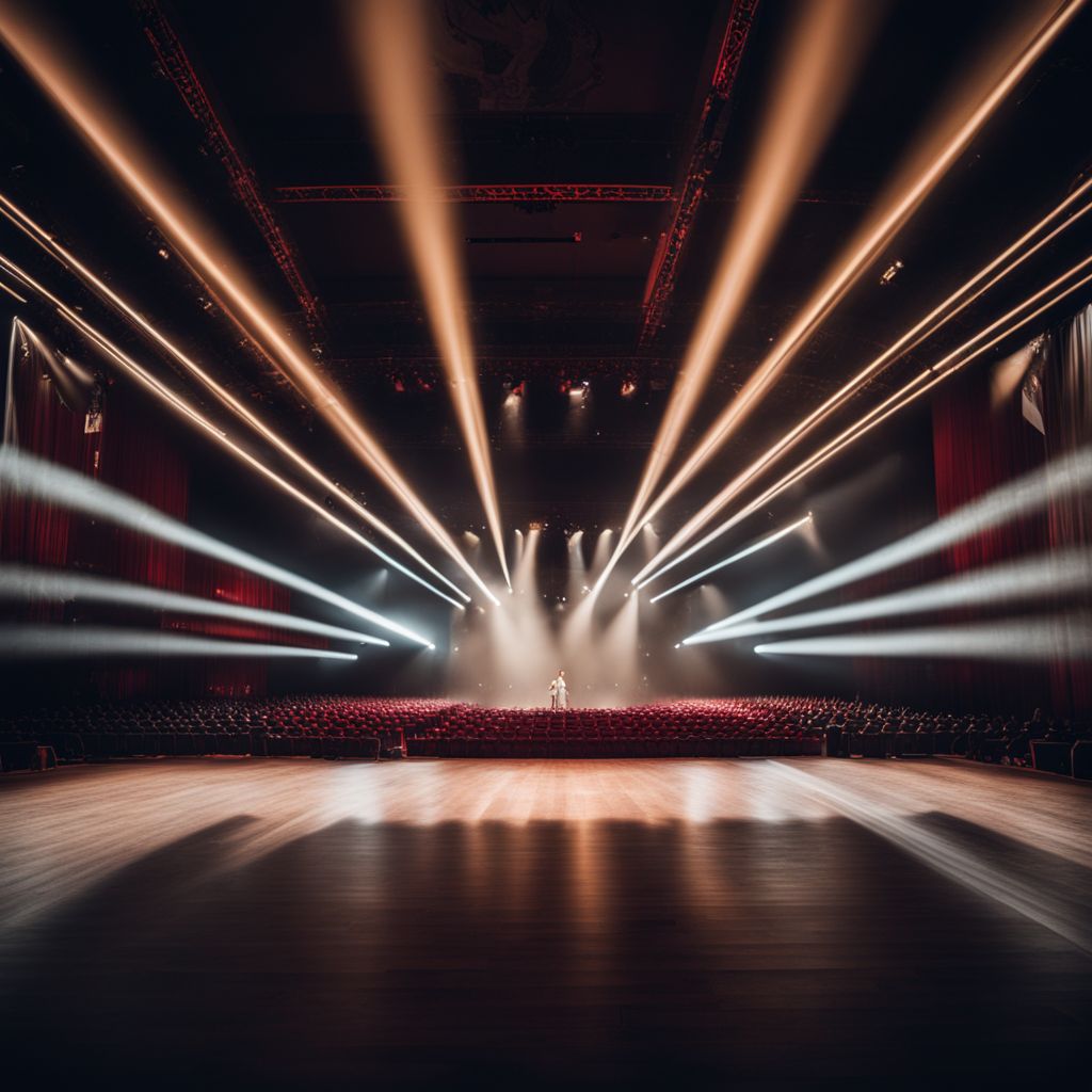 A photo of an empty concert hall stage with a spotlight.