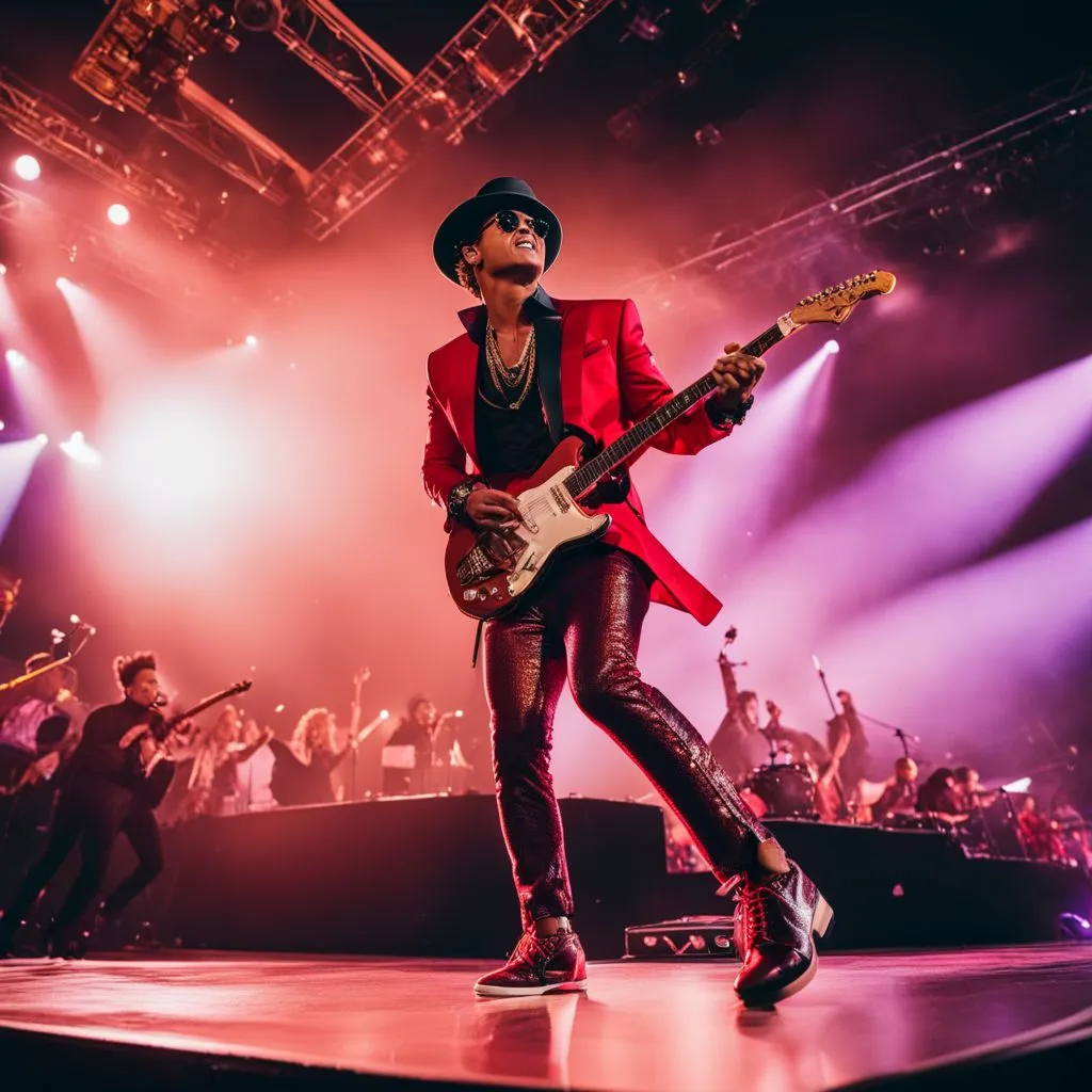 Bruno Mars performing on stage to a lively crowd at a concert.