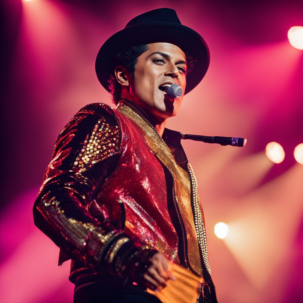 Bruno Mars performing on a vibrant stage with an enthusiastic crowd.