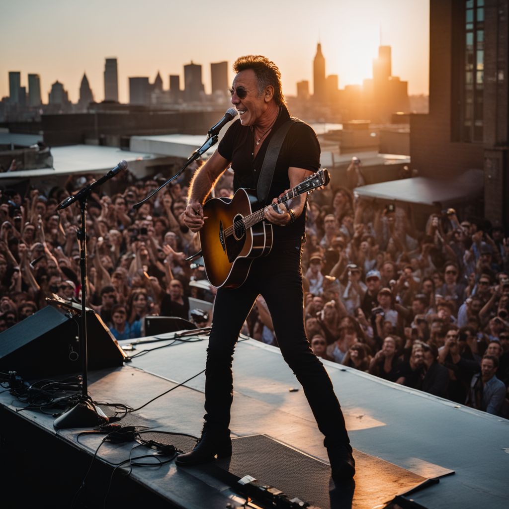 Bruce Springsteen performing on a rooftop at sunset in a bustling city.