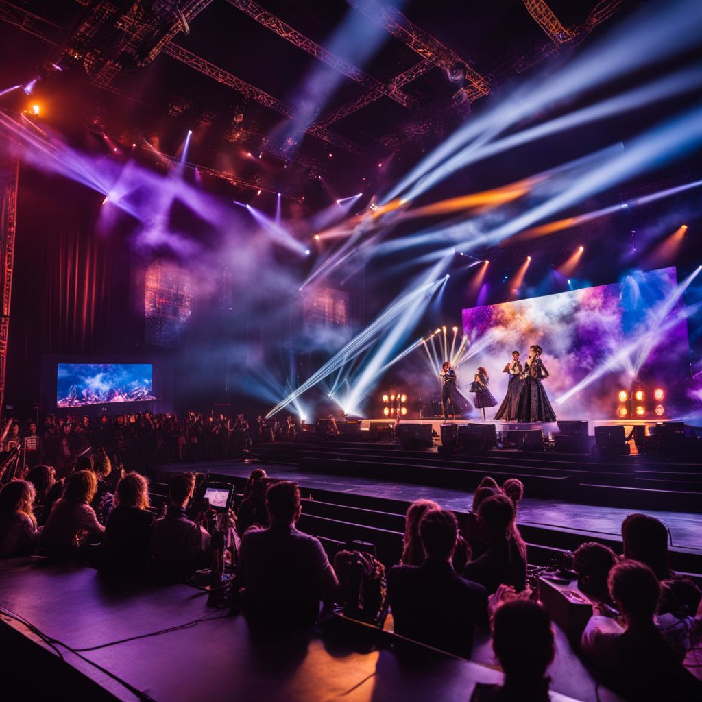 A dynamic stage setup with interactive effects and diverse performers.