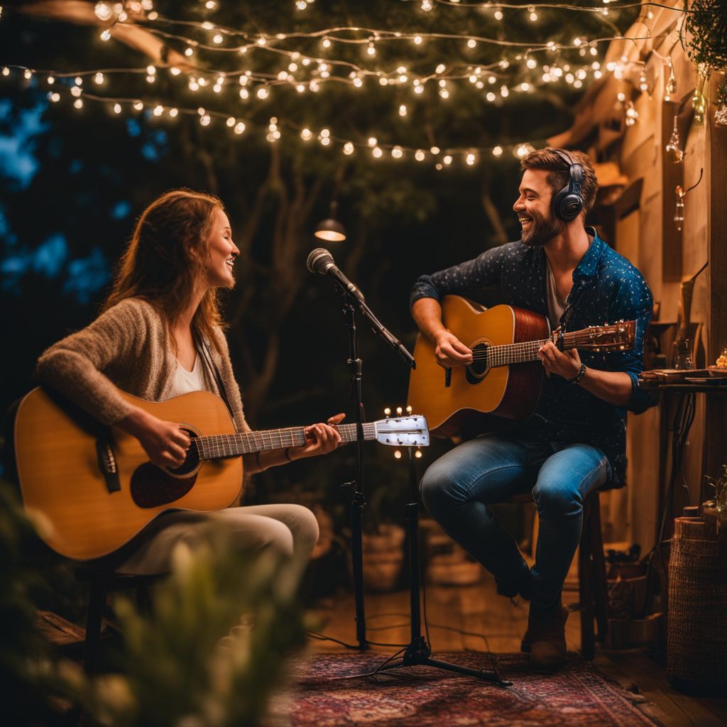 Acoustic musicians performing in a cozy, intimate setting under twinkling string lights.