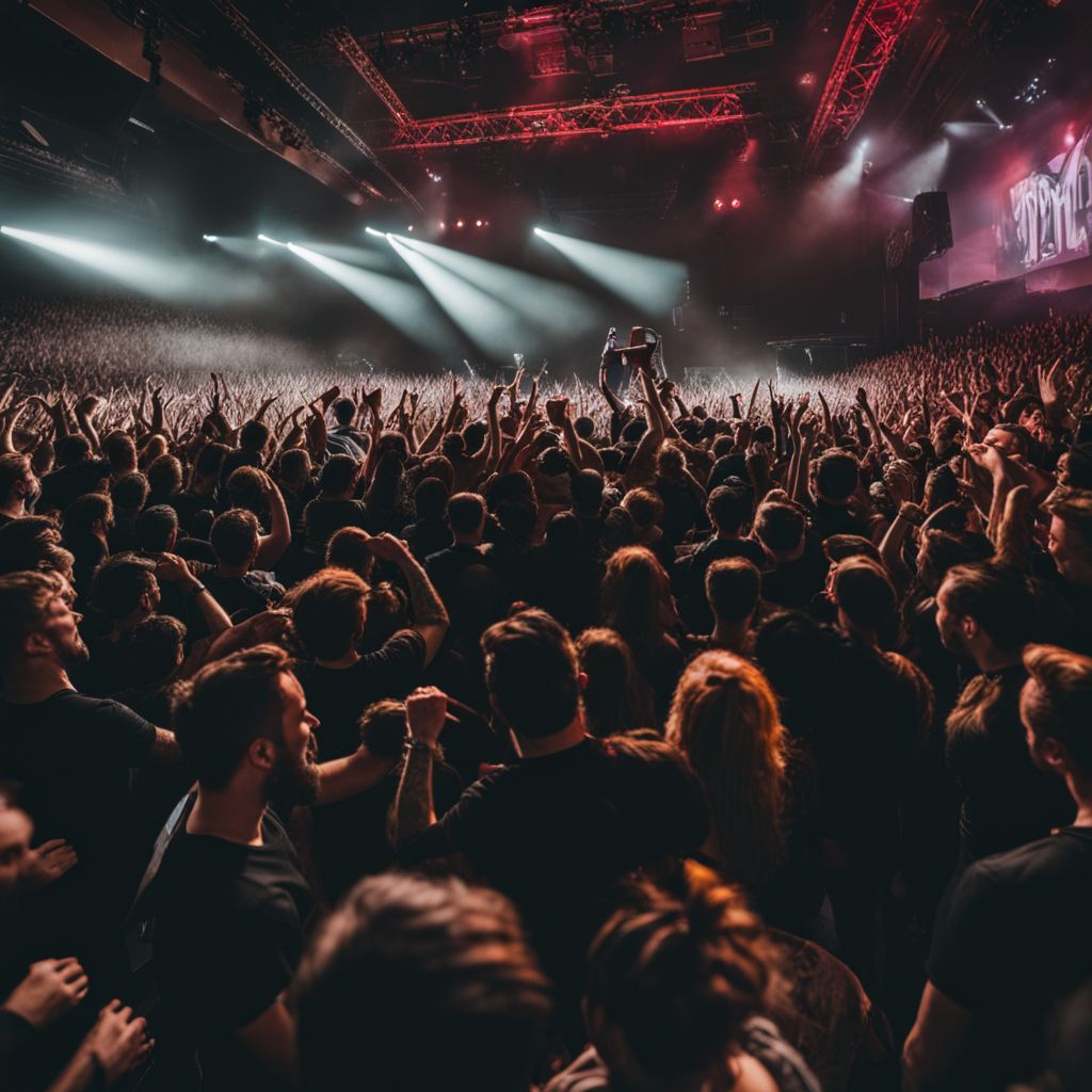 Crowd of fans cheering during a Beartooth concert in a packed hall.