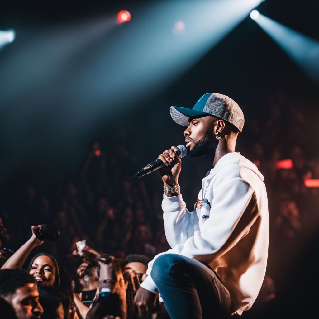 Bryson Tiller performing live on stage to a packed audience.