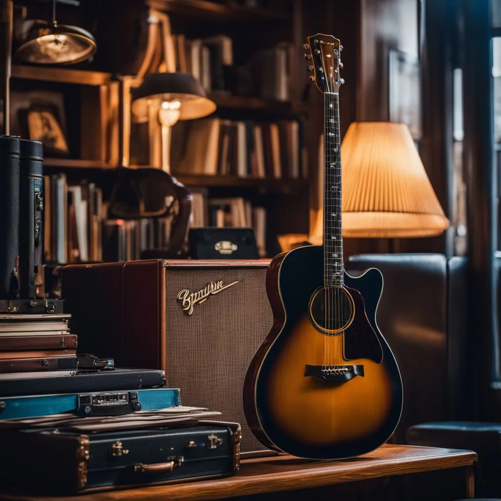 A vintage guitar rests against classic blues vinyl records in a bustling atmosphere.