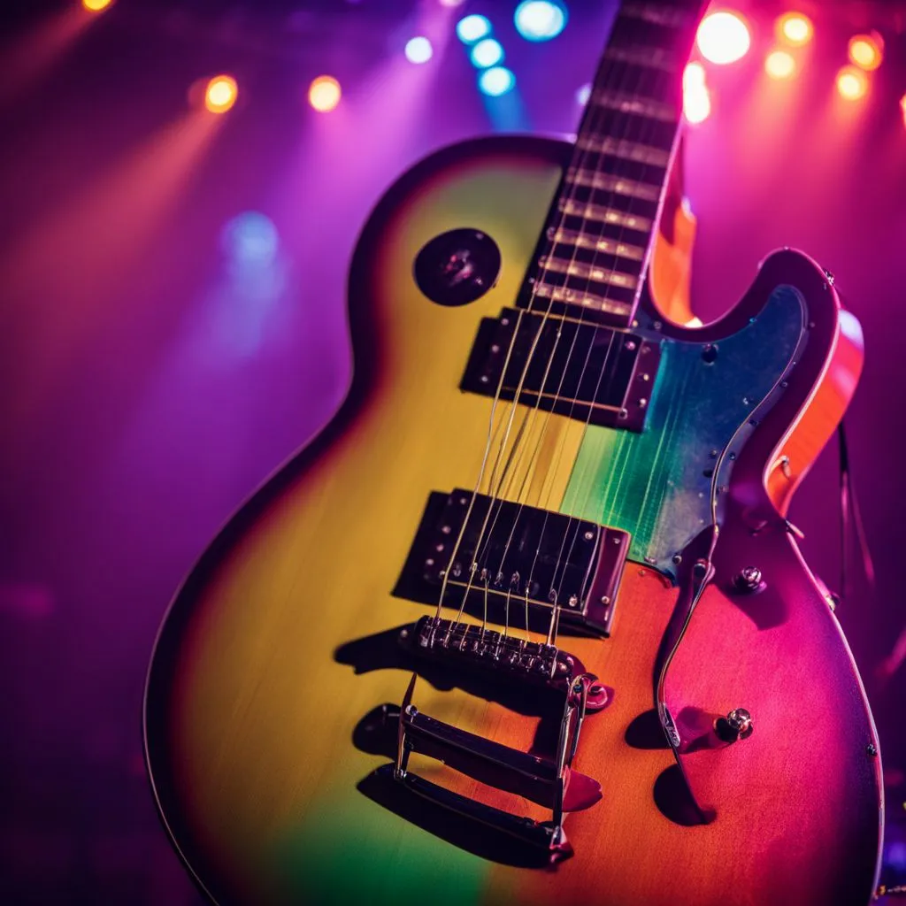 A vintage guitar on a stage with colorful lights and cityscape.