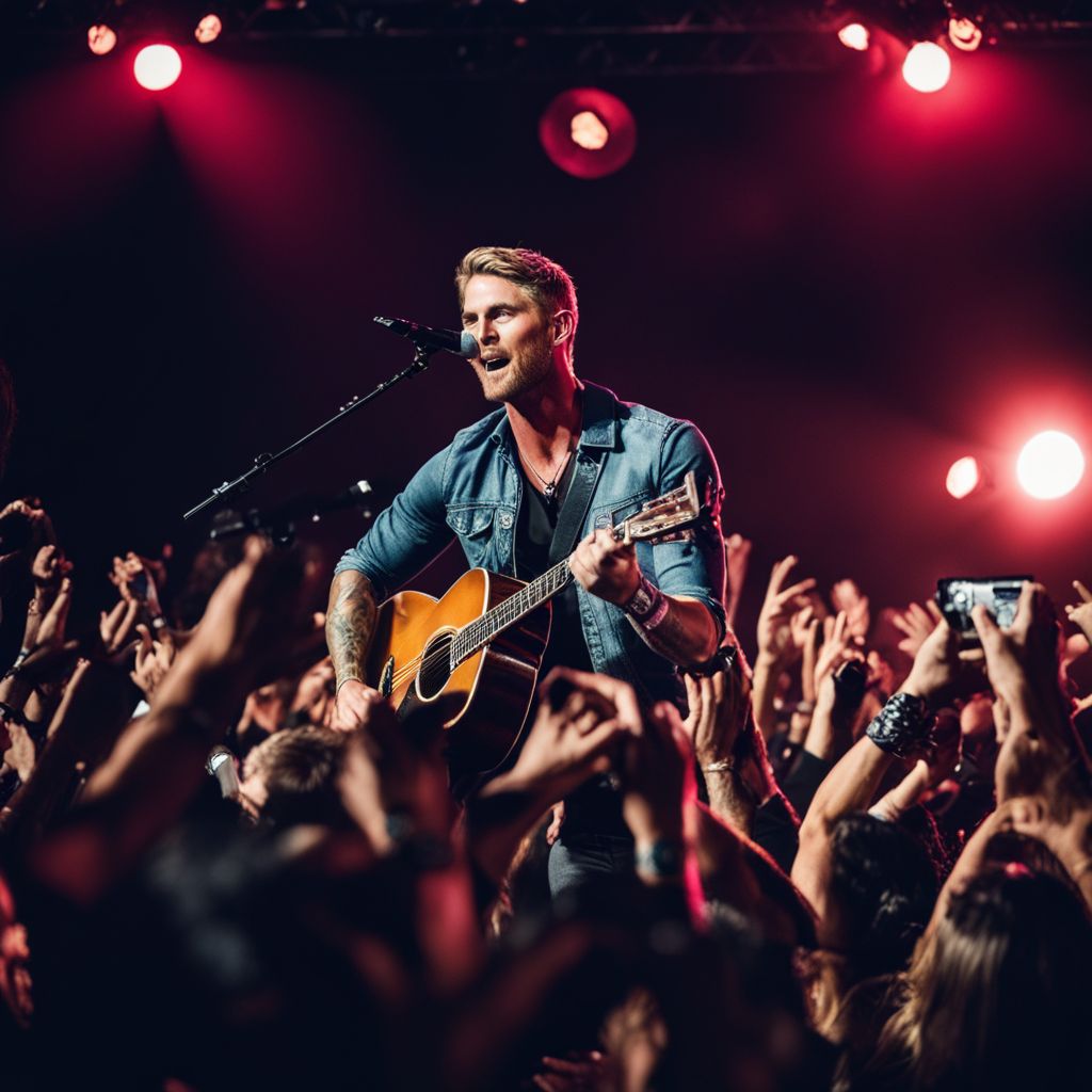 Brett Young performing on stage with adoring fans in focus.