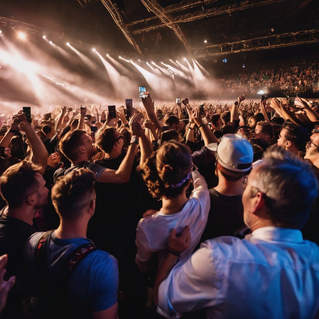 A vibrant crowd cheering and dancing at a concert.