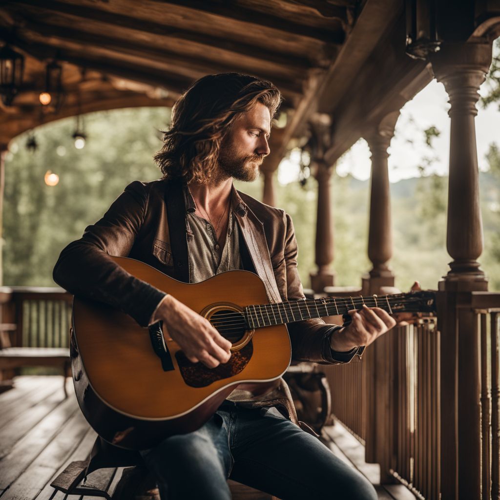 An acoustic guitarist performing on a rustic front porch.