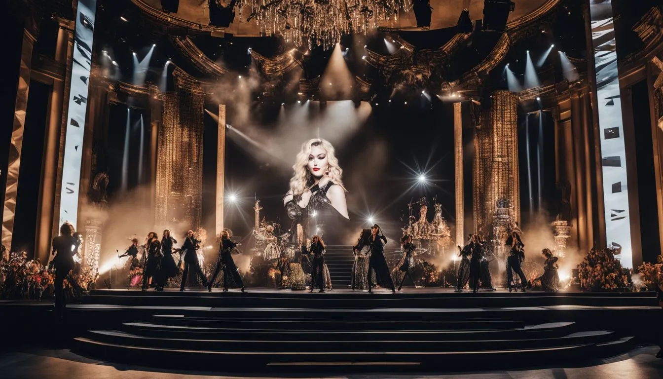 An elaborate stage setup with Madonna's iconic fashion and cityscape photography.